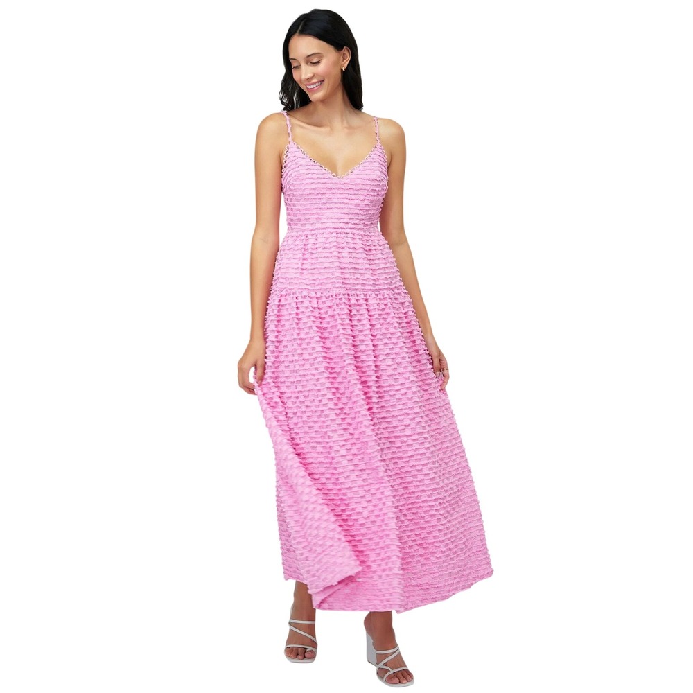 Lost + Wander Pink Textured Fringe Tiered Midi Dress Scallop Trim SMALL